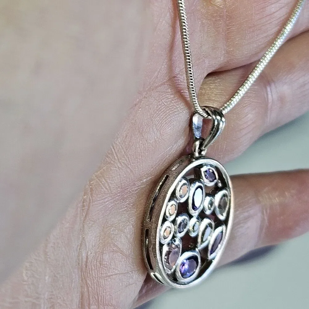 Sterling Silver Multicolored Rhinestone Round Pendant Necklace 20